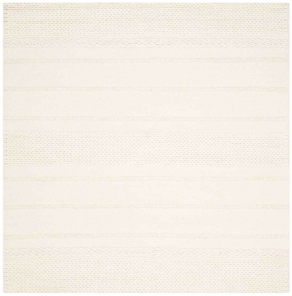 Square ivory rug with gently striped center panels and tactile woven accents.