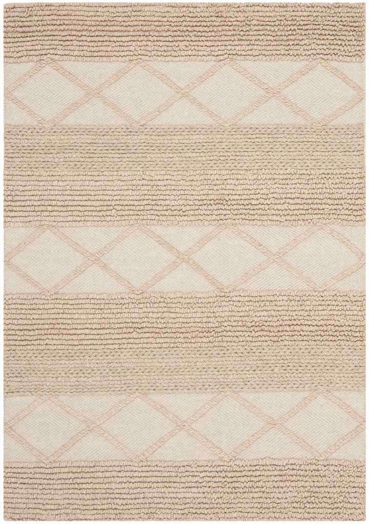 Handwoven beige rug features chunky textured stripes and repeating cream diamond bands