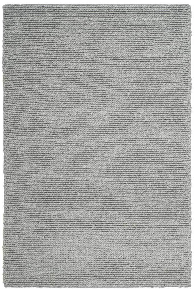 A compact steel gray rug displays textured rows and a simple, versatile shape.