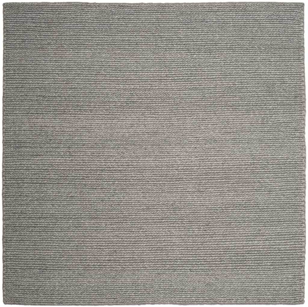 A square steel gray rug features tactile woven ridges and a tailored, tonal finish.
