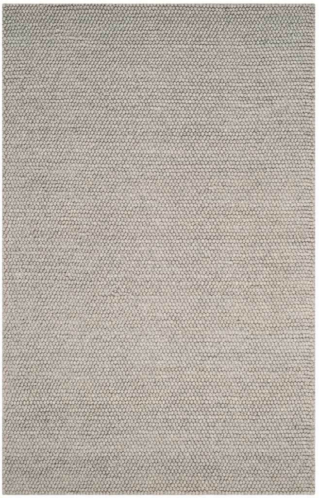 A 5-by-8-foot silver-gray rug features a closely woven, pebbled surface and clean edges