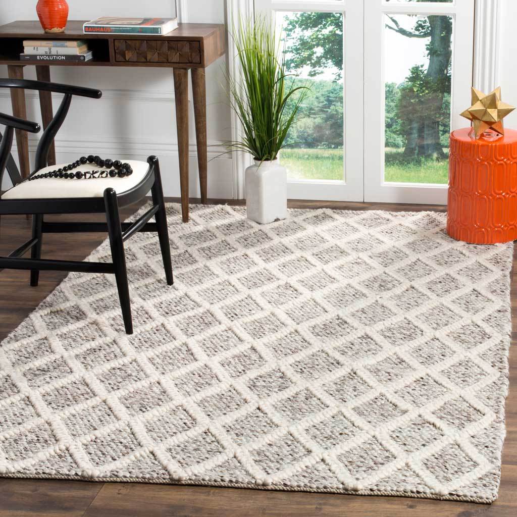 An ivory diamond trellis adds warmth and graphic texture to a bright room with wood floors.