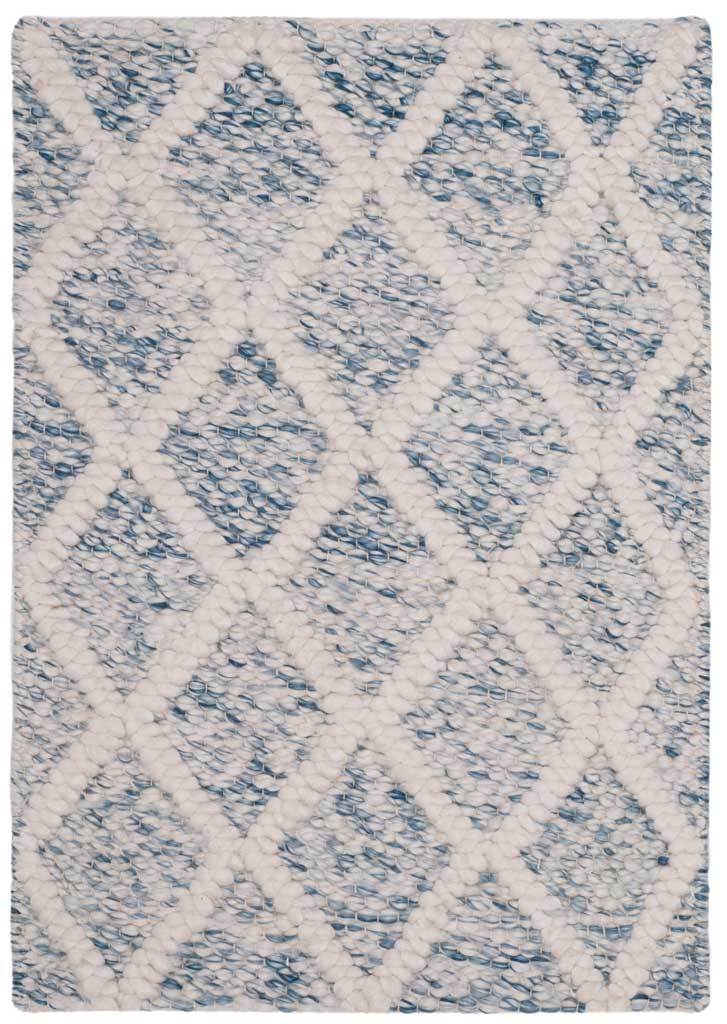 Soft ivory diamonds stand out against the nubby blue ground of this compact 2' x 3' accent rug.