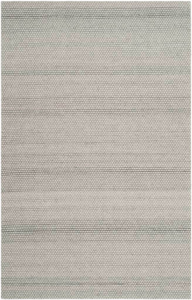 Soft gray yarns and subtle horizontal striations create a versatile floor accent.