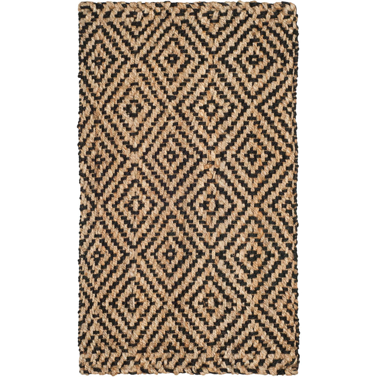 Compact black and natural jute rug brings pronounced diamond motifs to a textured weave.