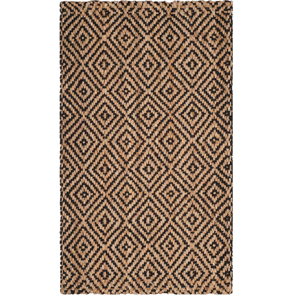 Small jute rug combines natural tan fibers with crisp black concentric diamonds.