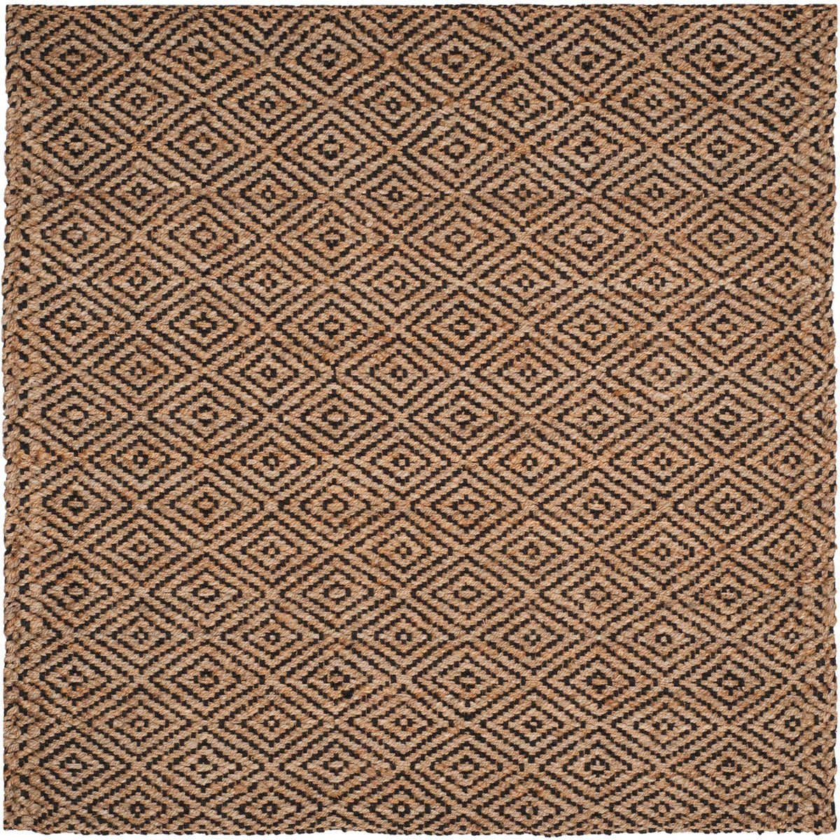 Square jute rug carries a bold black diamond lattice over warm natural fibers.