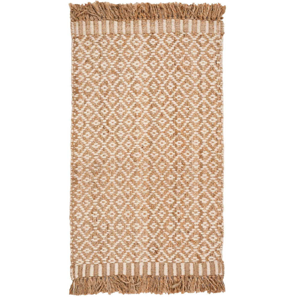 Compact tan-and-ivory jute rug displays repeating geometric medallions and tassels.