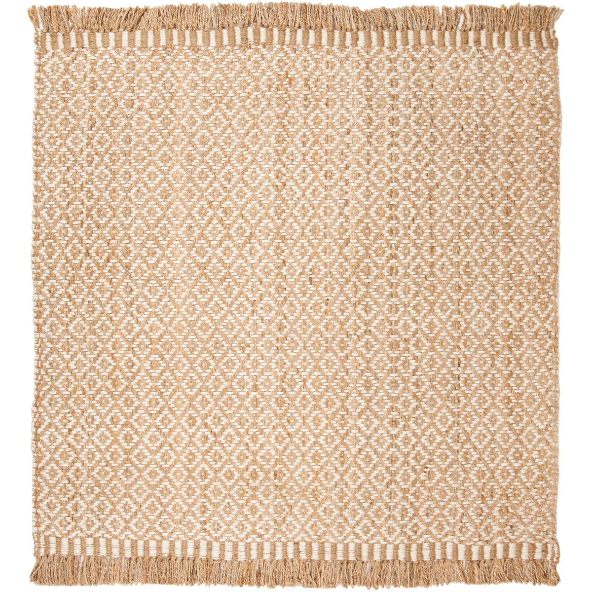 Square jute rug pairs delicate ivory diamonds with striped borders and natural fringe.