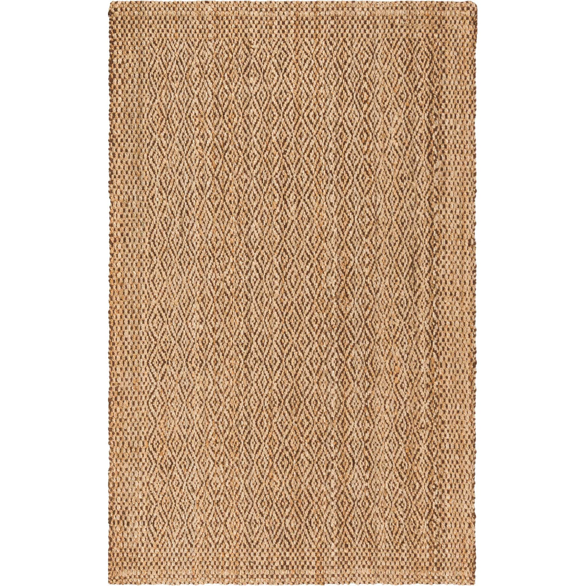 Handwoven jute rug features rows of slim diamonds inside a rustic tan frame.