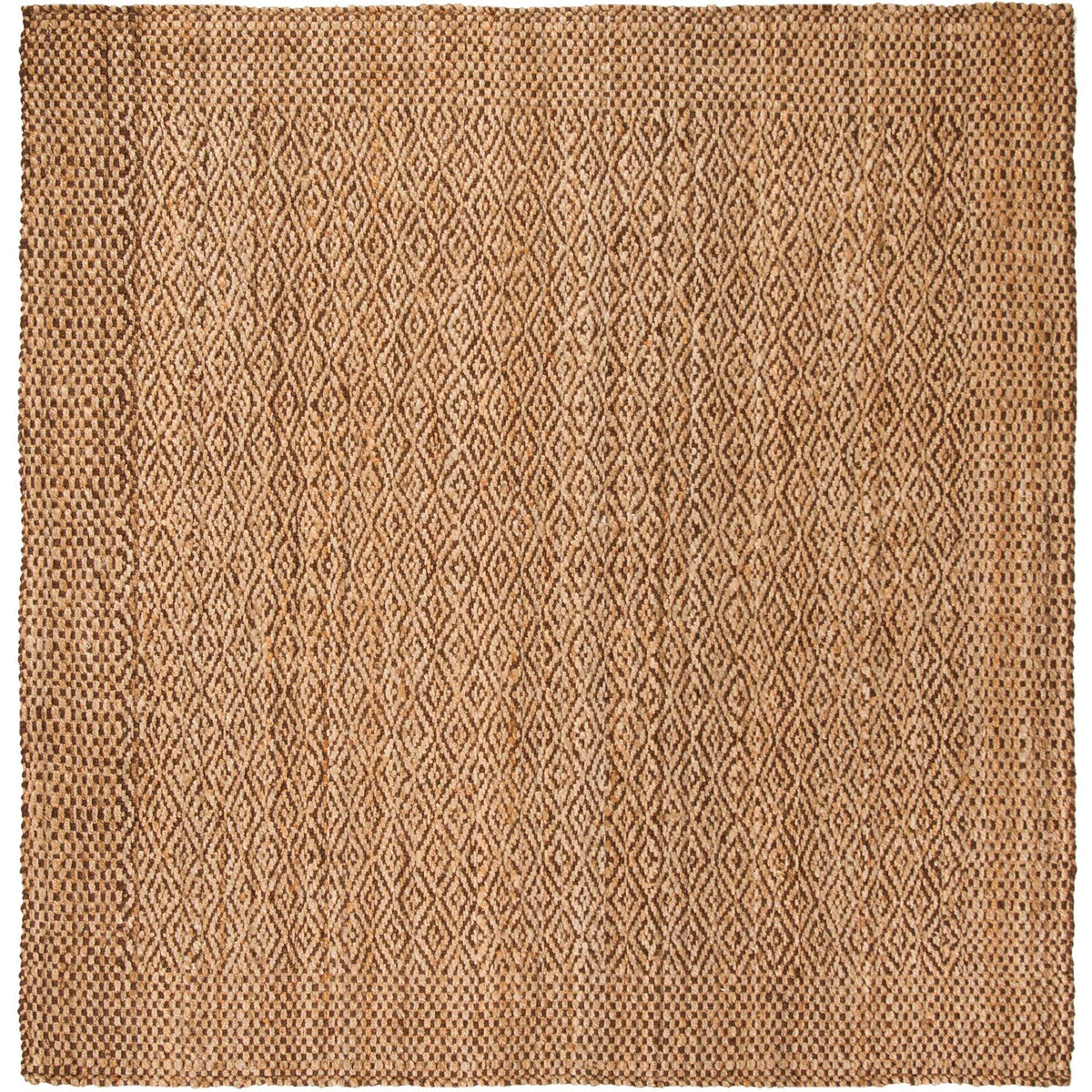 Square jute rug pairs slender brown diamonds with a wide natural woven border.