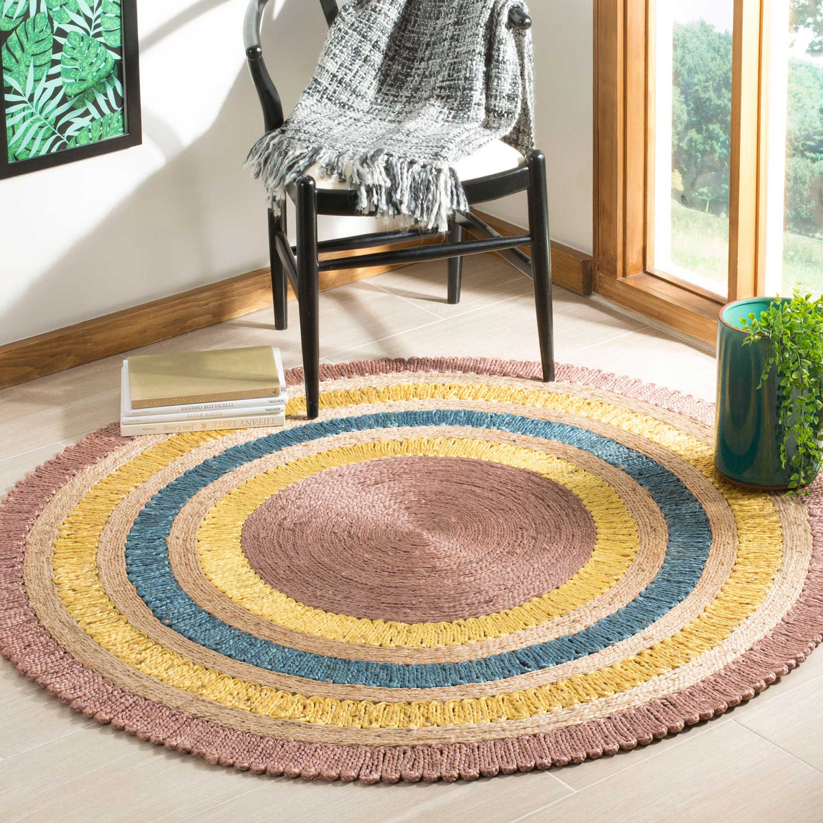 Playful blue and golden rings draw the eye toward a soft lavender center and textured outer edge.