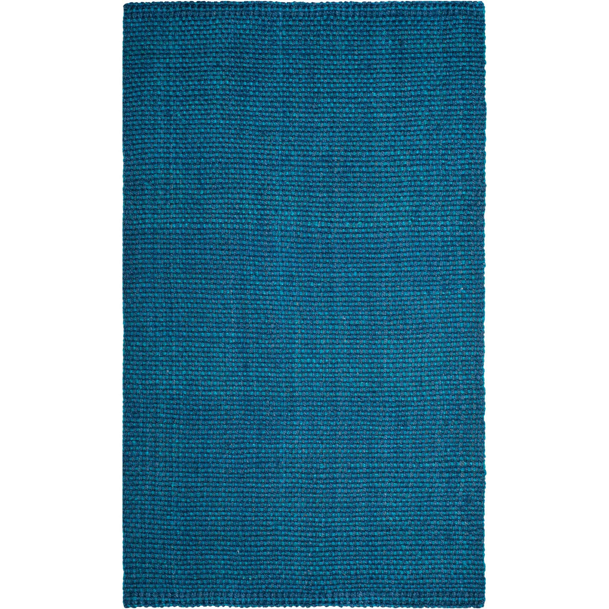 Rich blue jute rug combines bright and dark strands in a chunky, allover weave.
