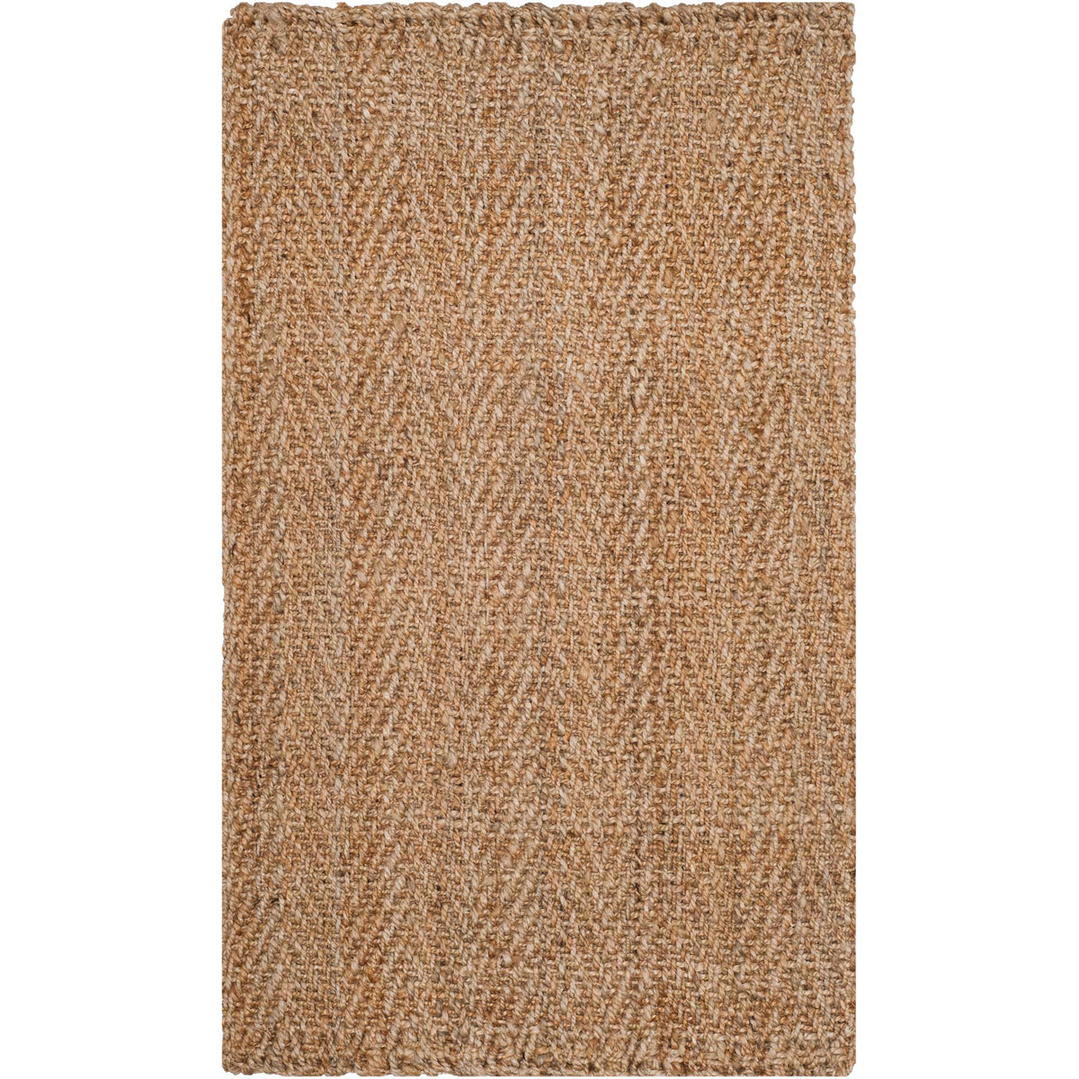Small natural jute rug with closely woven herringbone texture and neat edges.