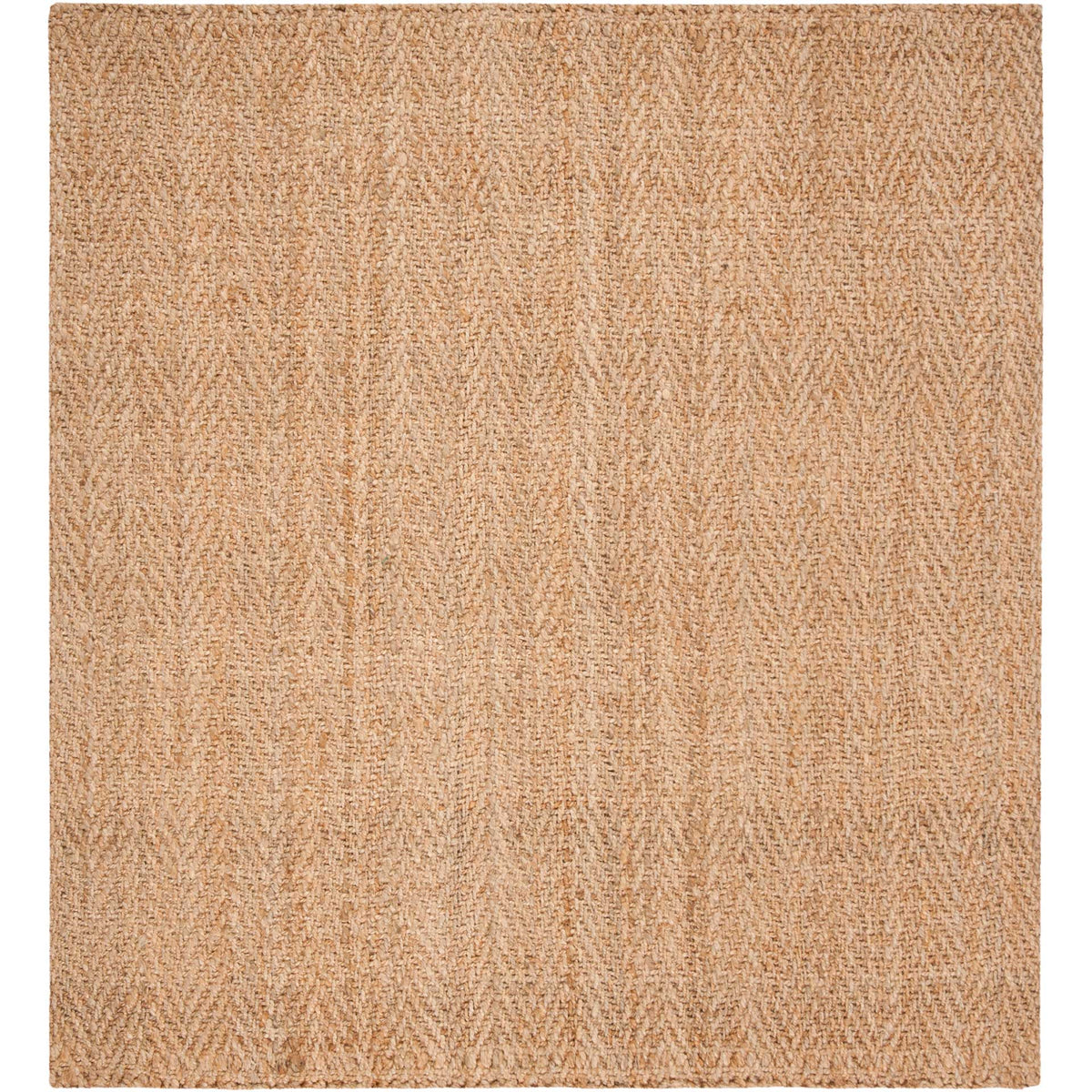 Square natural jute rug displays an allover herringbone weave in warm tan tones.