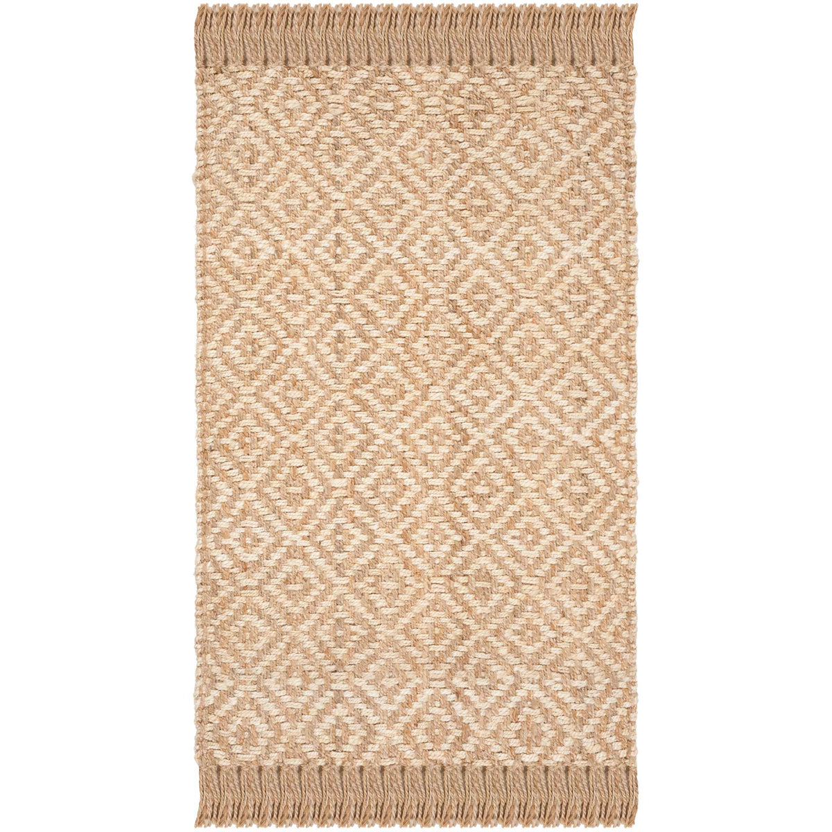 Small ivory and natural jute rug with layered diamond motifs and tasseled ends.