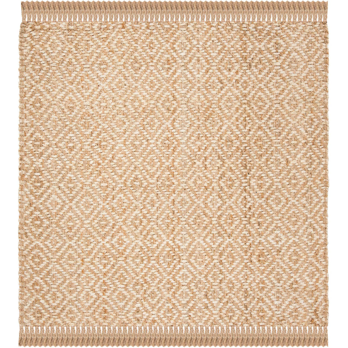 Square jute rug pairs a pale ivory diamond lattice with natural fringe on two sides.