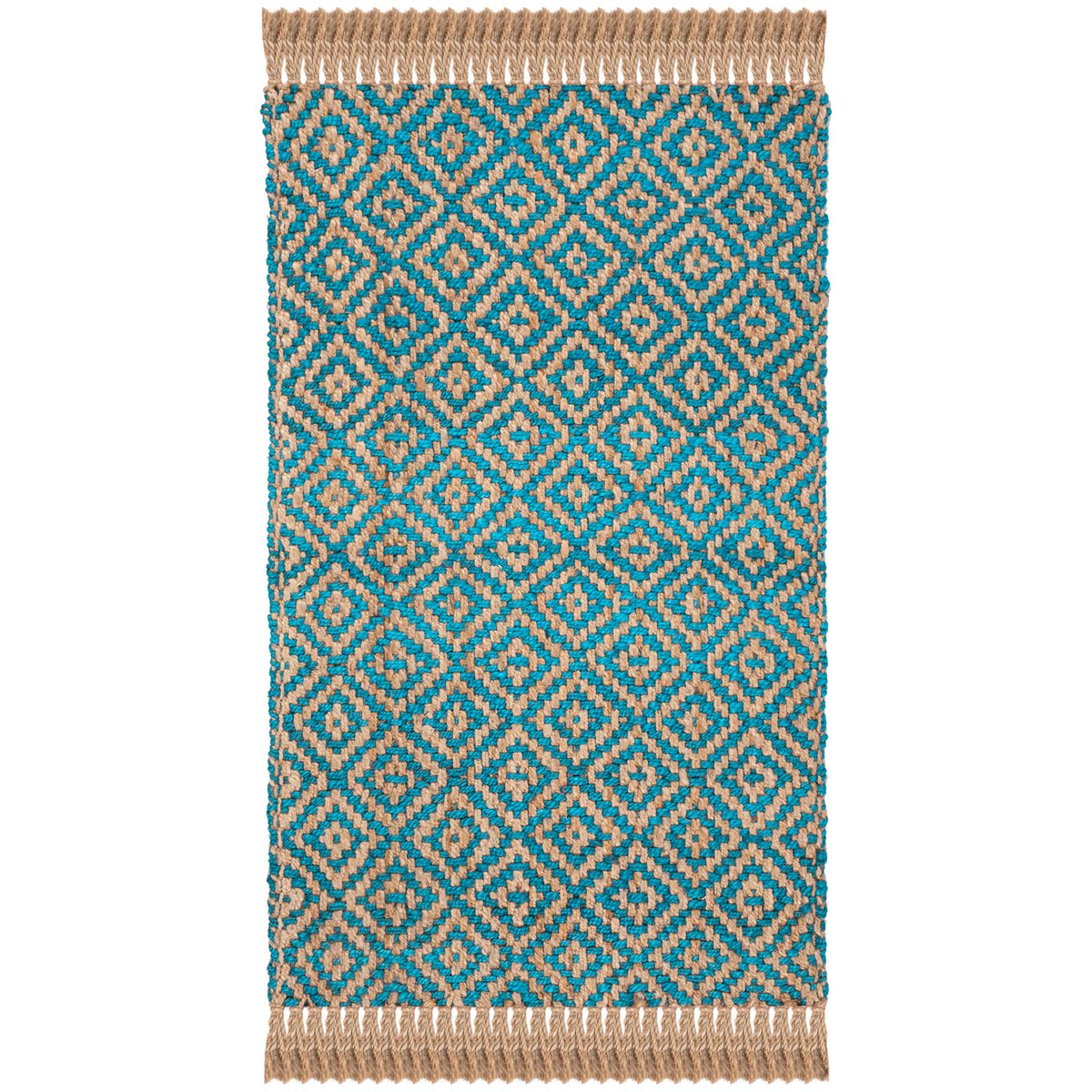Small turquoise and natural jute rug features layered diamonds and tasseled ends.