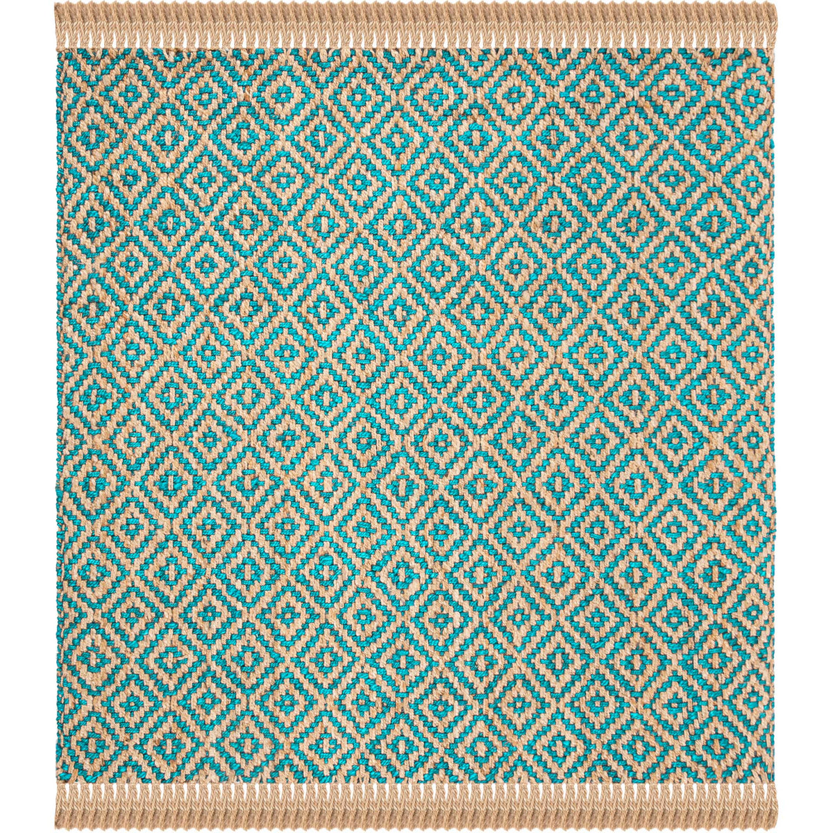 Square jute rug combines bright turquoise diamonds with natural woven fringe.
