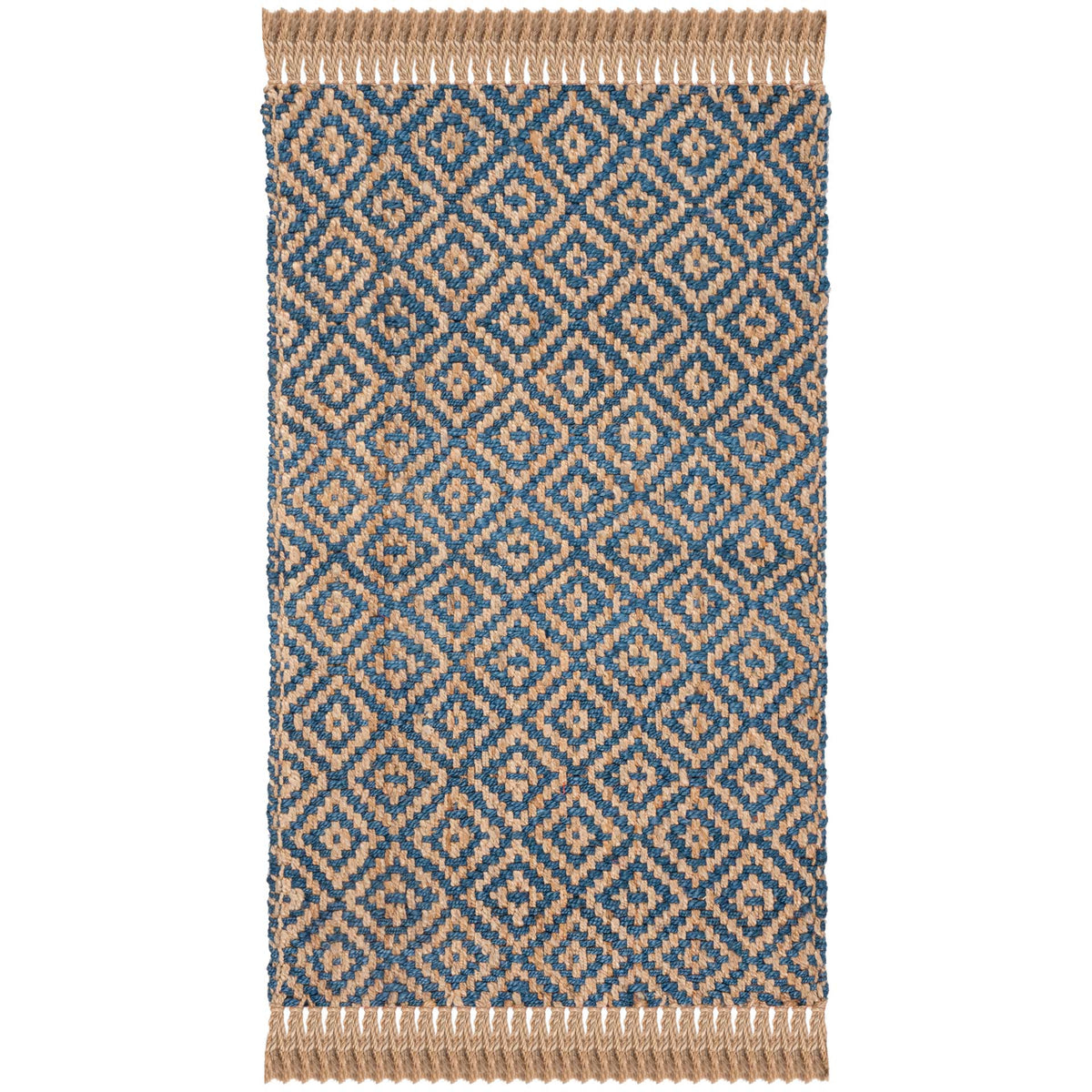 Compact jute rug pairs deep blue diamonds with warm natural fibers and thick fringe.