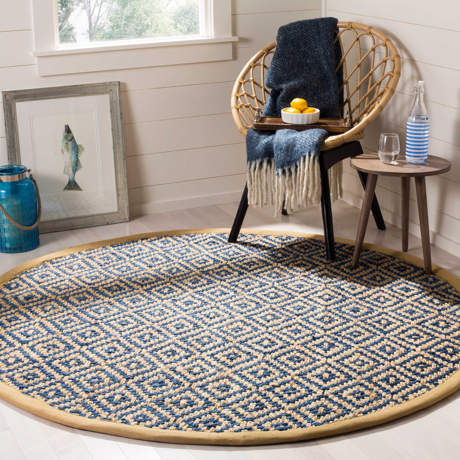 Natural Fiber Tropical Blue/Natural Round Rug - Froy.com