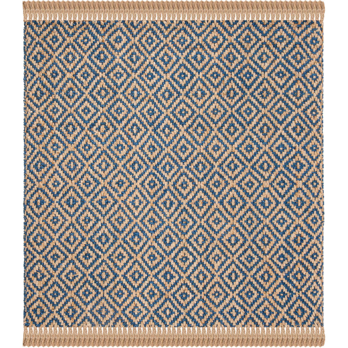 Square natural jute rug carries a dense blue diamond lattice between fringed edges.