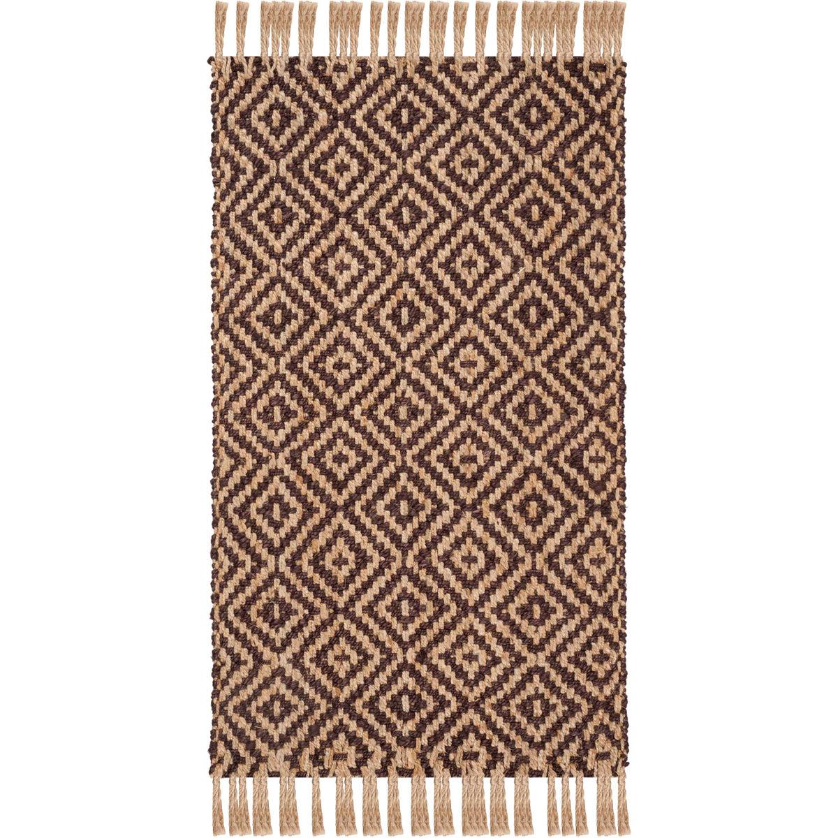 Compact natural and brown jute rug with striking nested diamonds and long fringed ends.