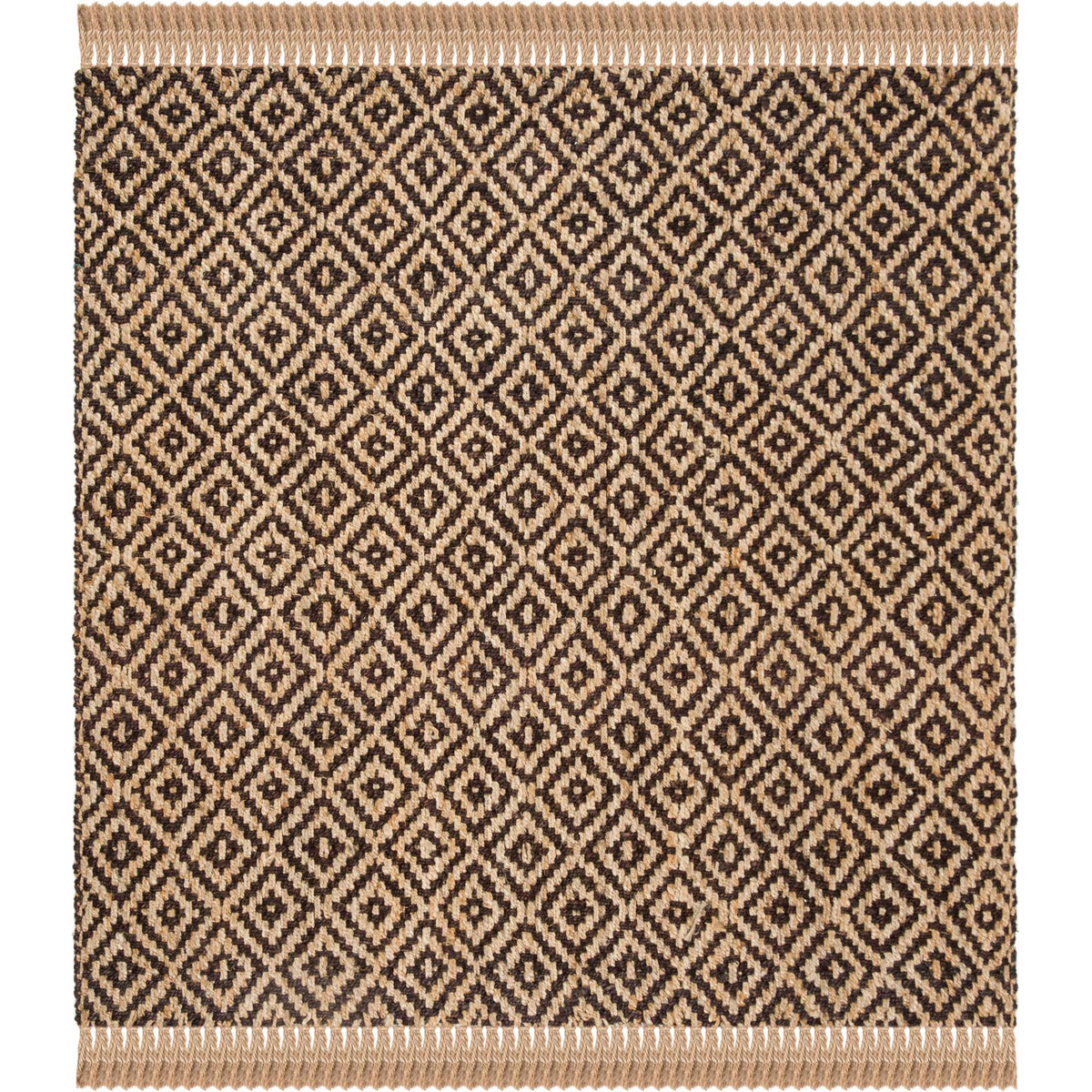 Square jute rug pairs a dense brown diamond pattern with natural fringe along two edges.