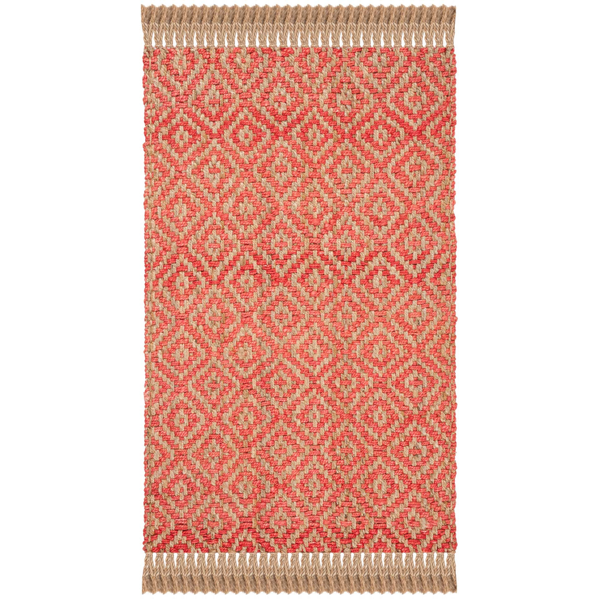 Coral and natural jute rug with tightly repeated diamonds and fringed short ends.