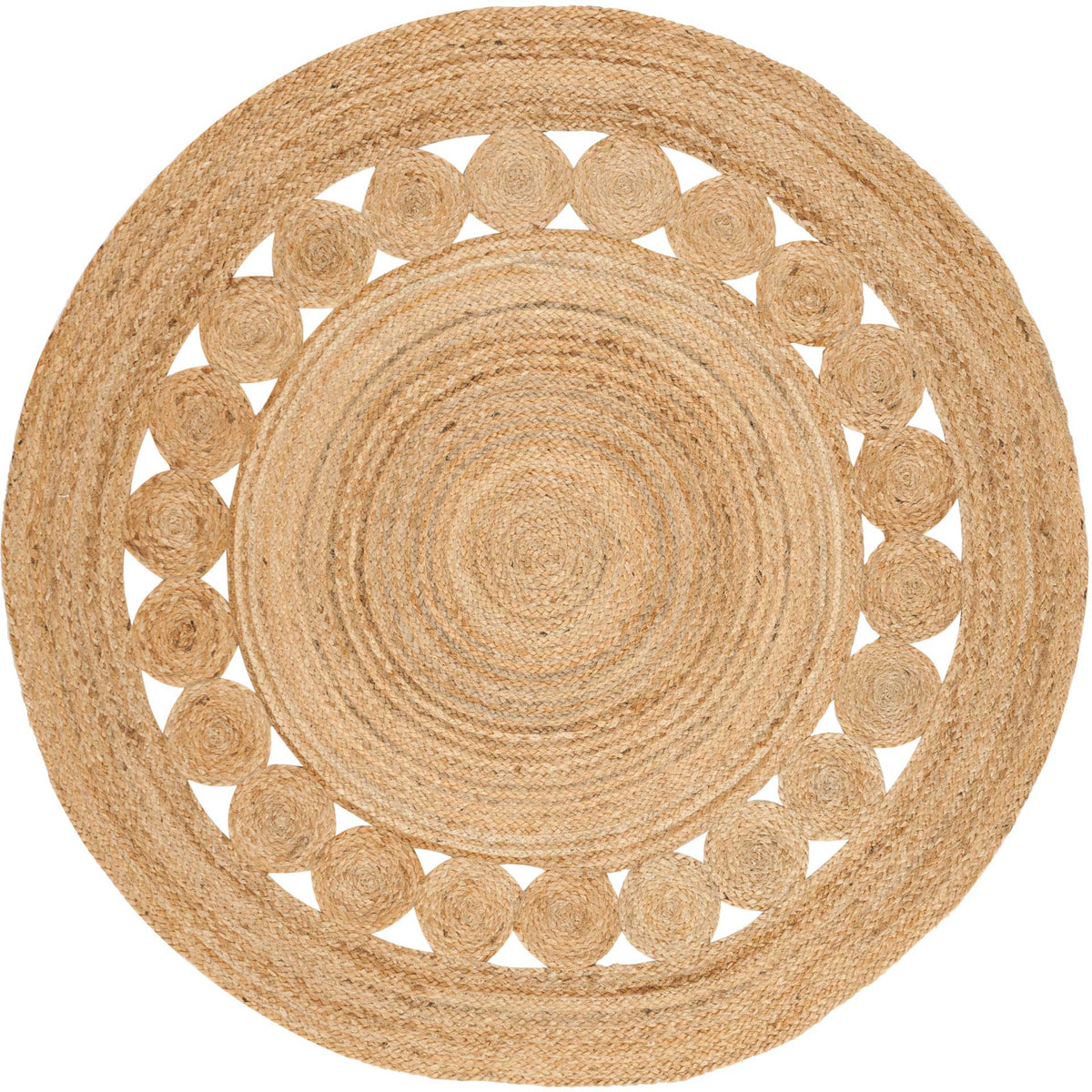Warm honey-colored jute spirals through a round rug with an airy circular motif.