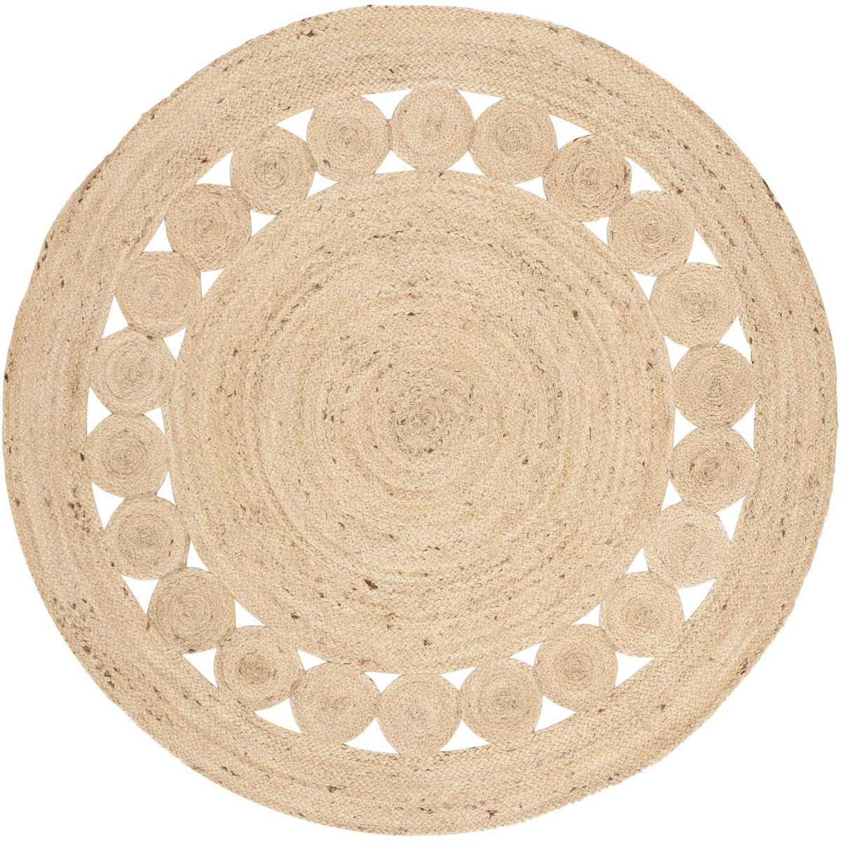 Soft ivory braids form concentric rings around an openwork row of circular jute motifs.