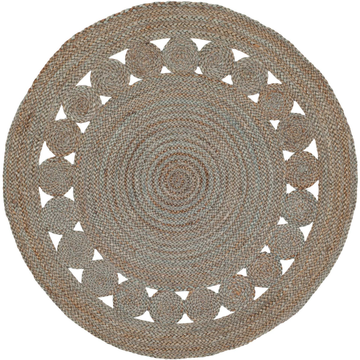 A petite round gray jute rug features coiled bands and a playful circle-cutout border.