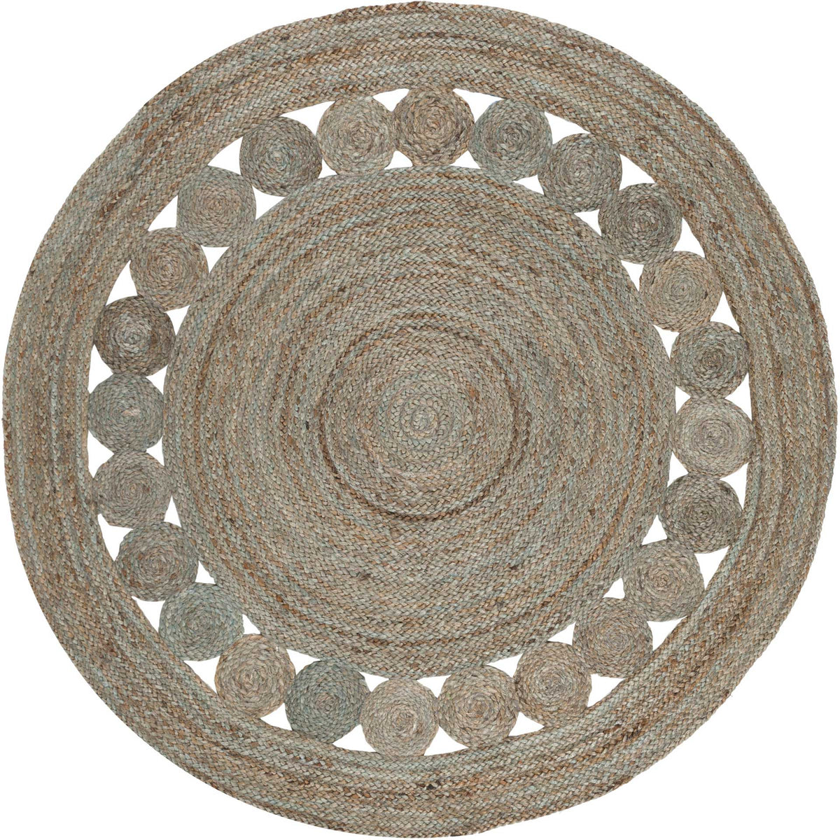 A smaller gray jute rug pairs a tightly coiled center with a ring of woven medallions.