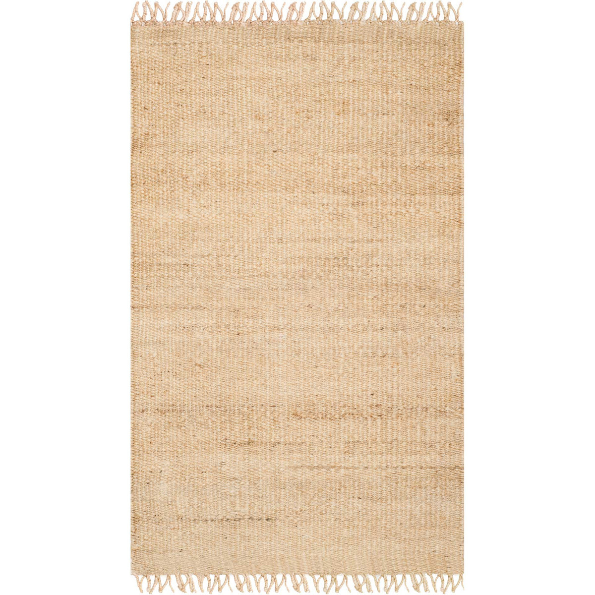 Small ivory jute rug combines subtle woven striations and casual fringe.