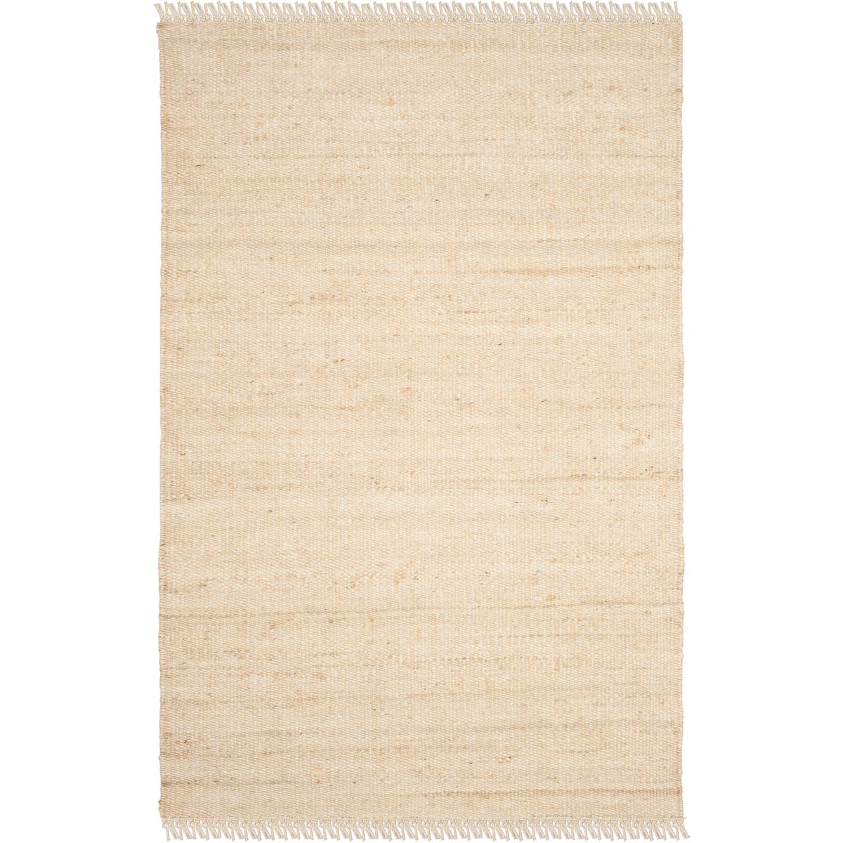 Handwoven ivory jute rug adds natural warmth with quiet tonal texture and fringed ends.