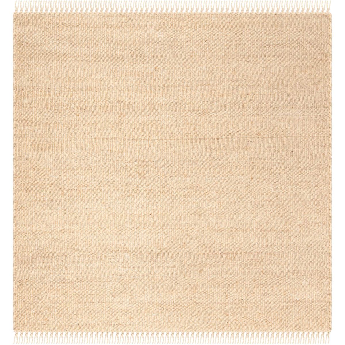 Square ivory jute rug pairs a softly textured center with delicate end fringe.