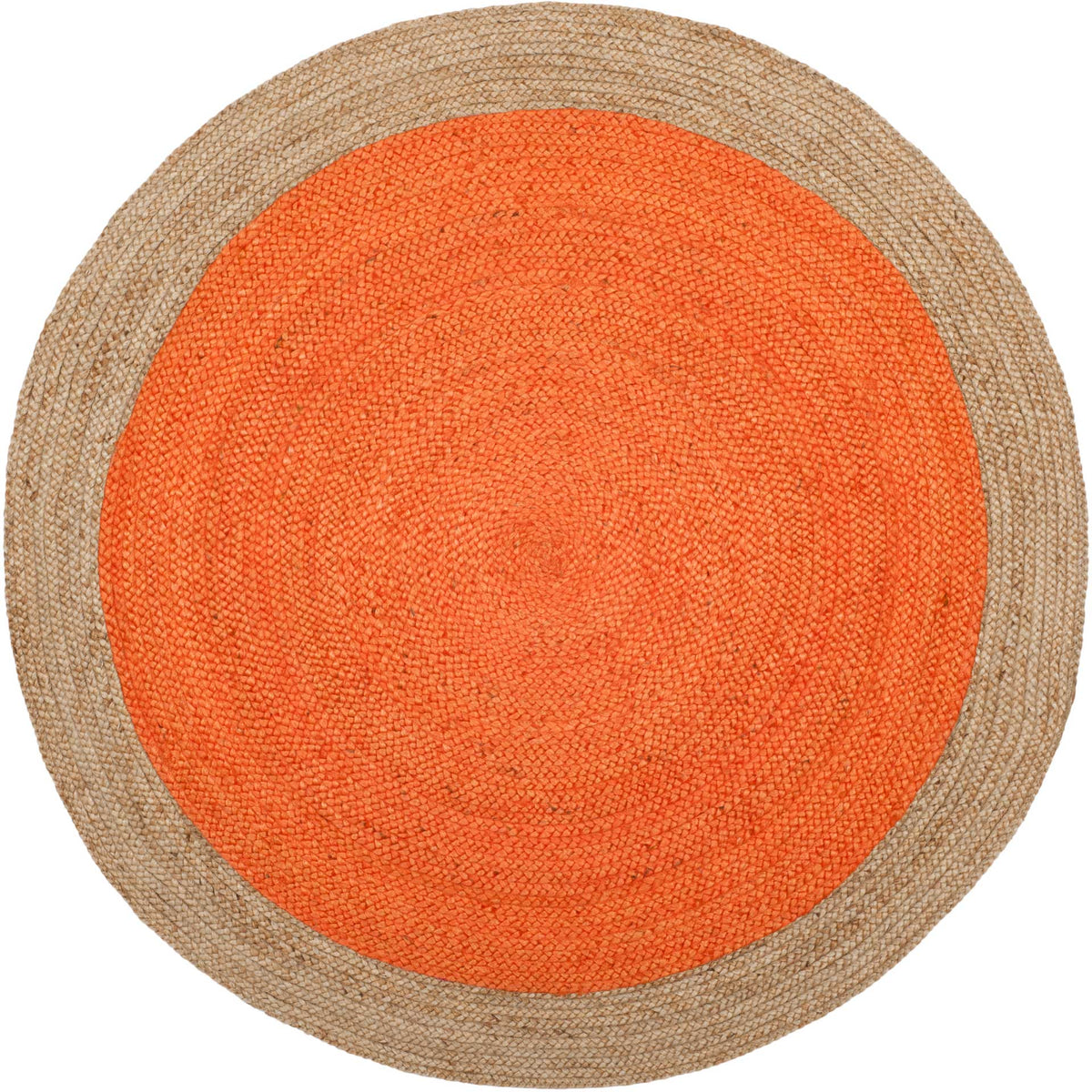 A handwoven orange disk gains earthy balance from a broad ring of natural jute.