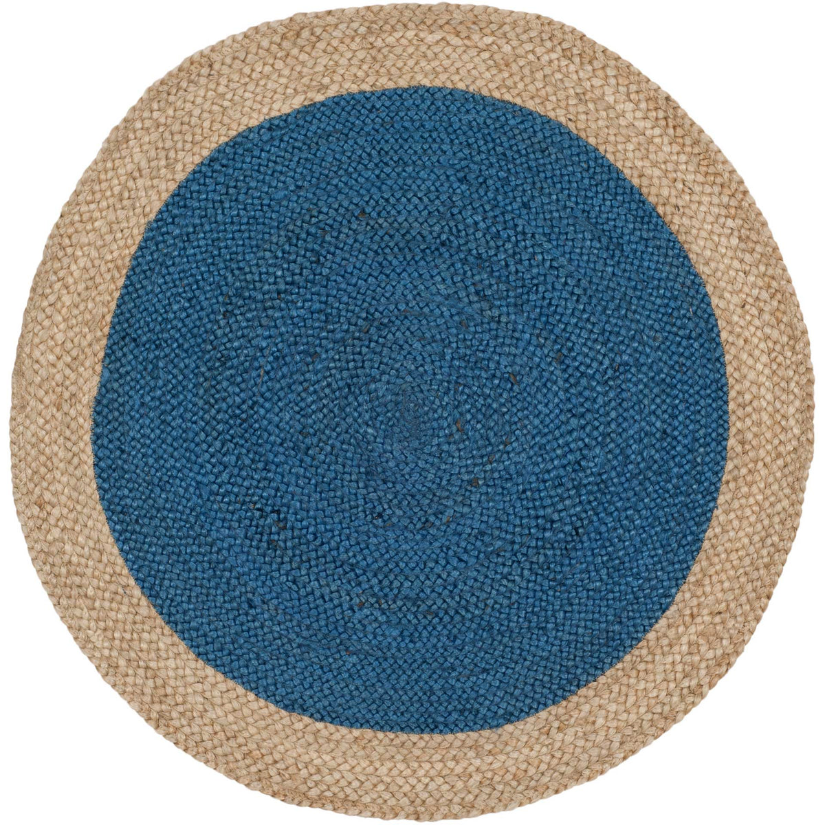 A petite round jute rug pairs saturated blue braids with an earthy tan perimeter.