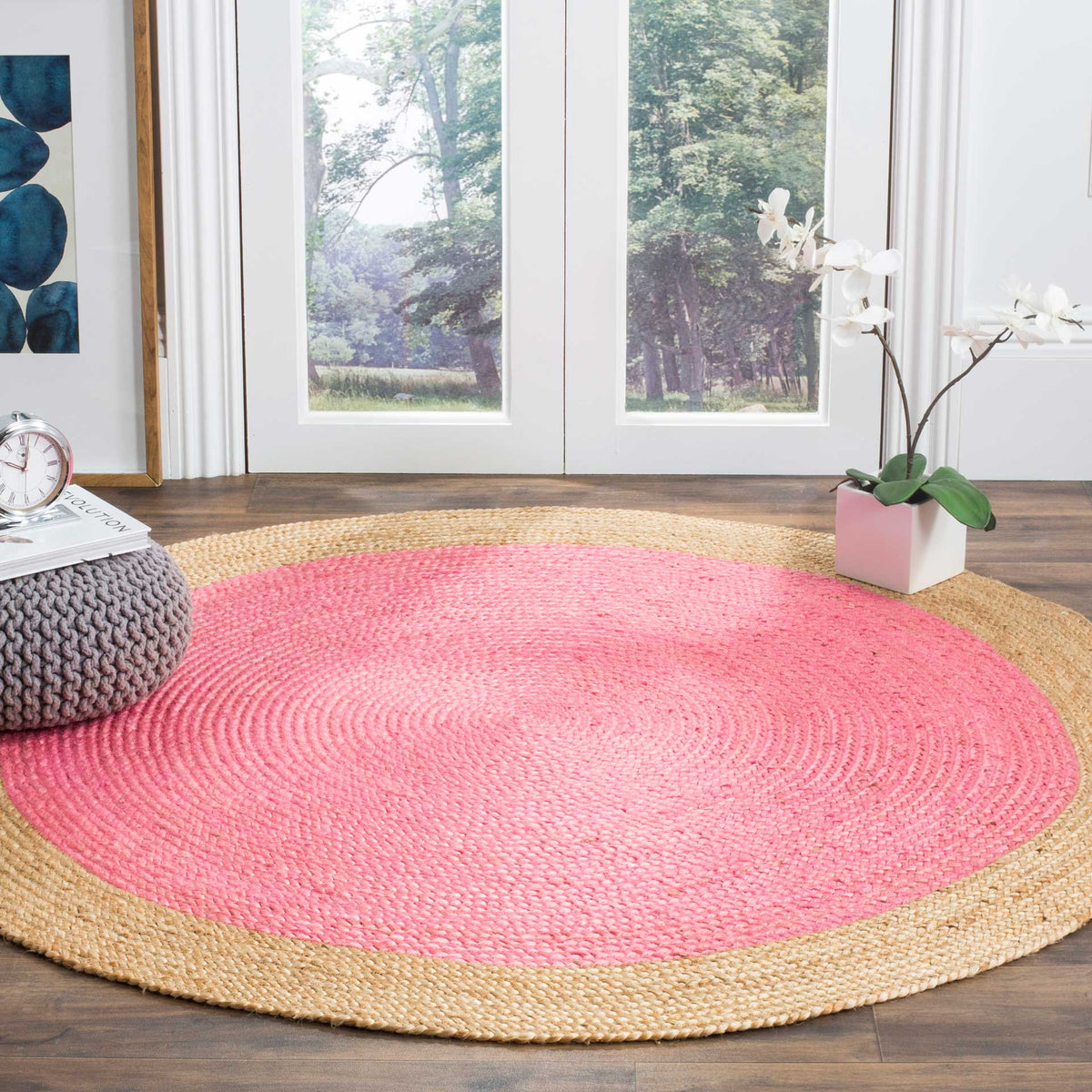 Vibrant pink jute brings playful warmth, framed by a grounding natural-fiber rim.