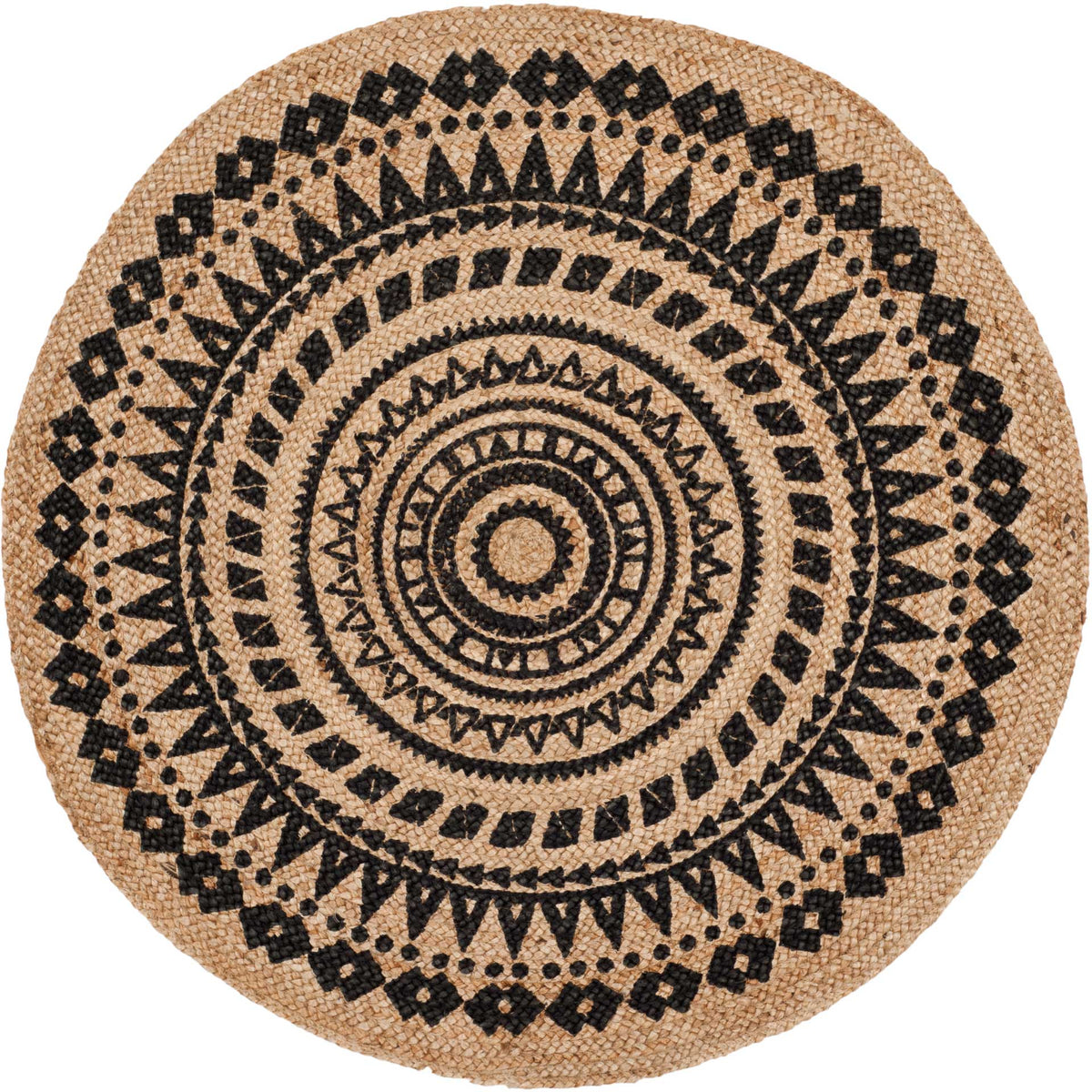 A handwoven round jute rug layers black zigzags, diamonds, and dotted rings over natural fibers.