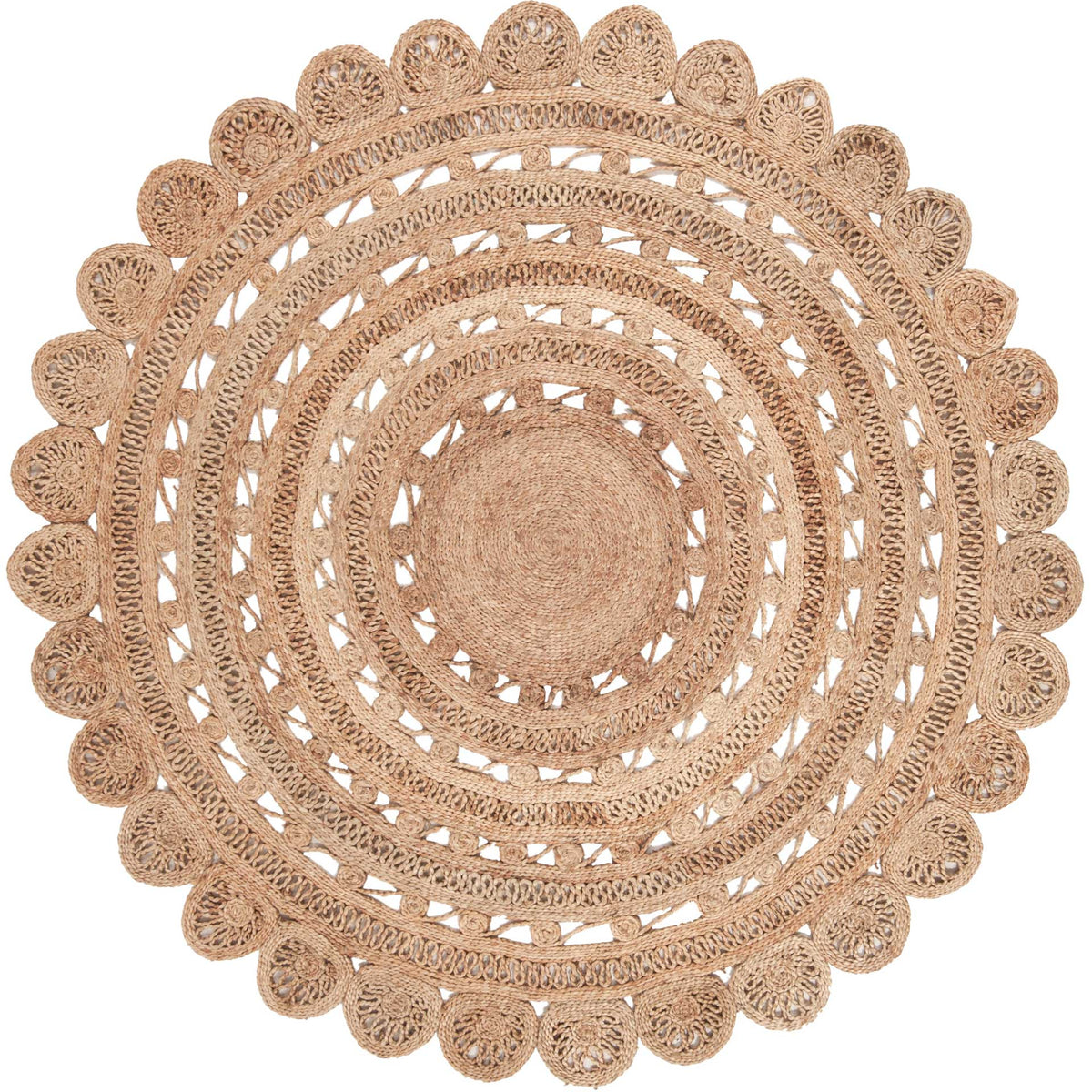 A 6-foot jute rug pairs braided circles with airy openings and petal-shaped edging.