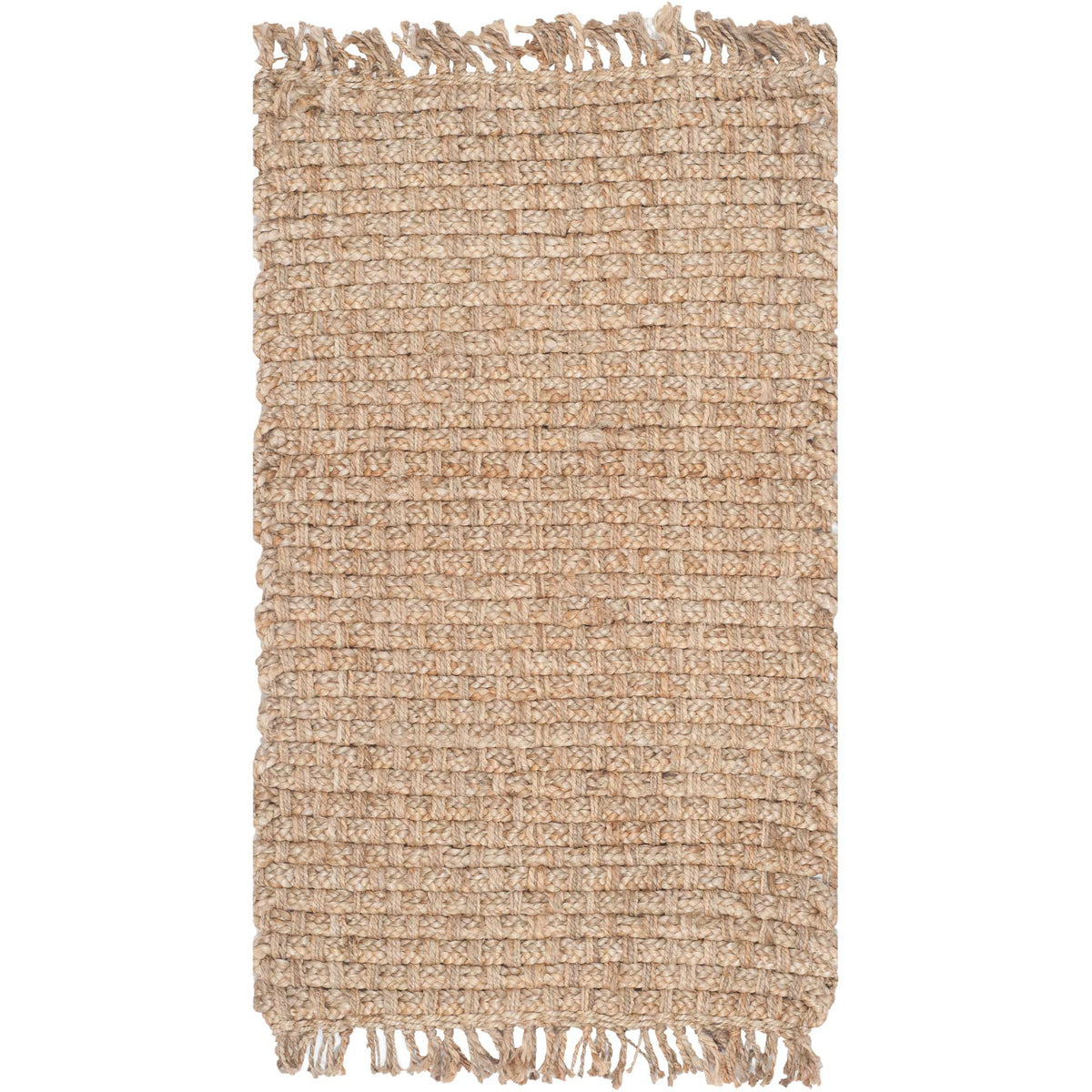 Natural jute rug has an even, chunky weave with loose fringe at both short ends. || NF856A-8 || top_studio