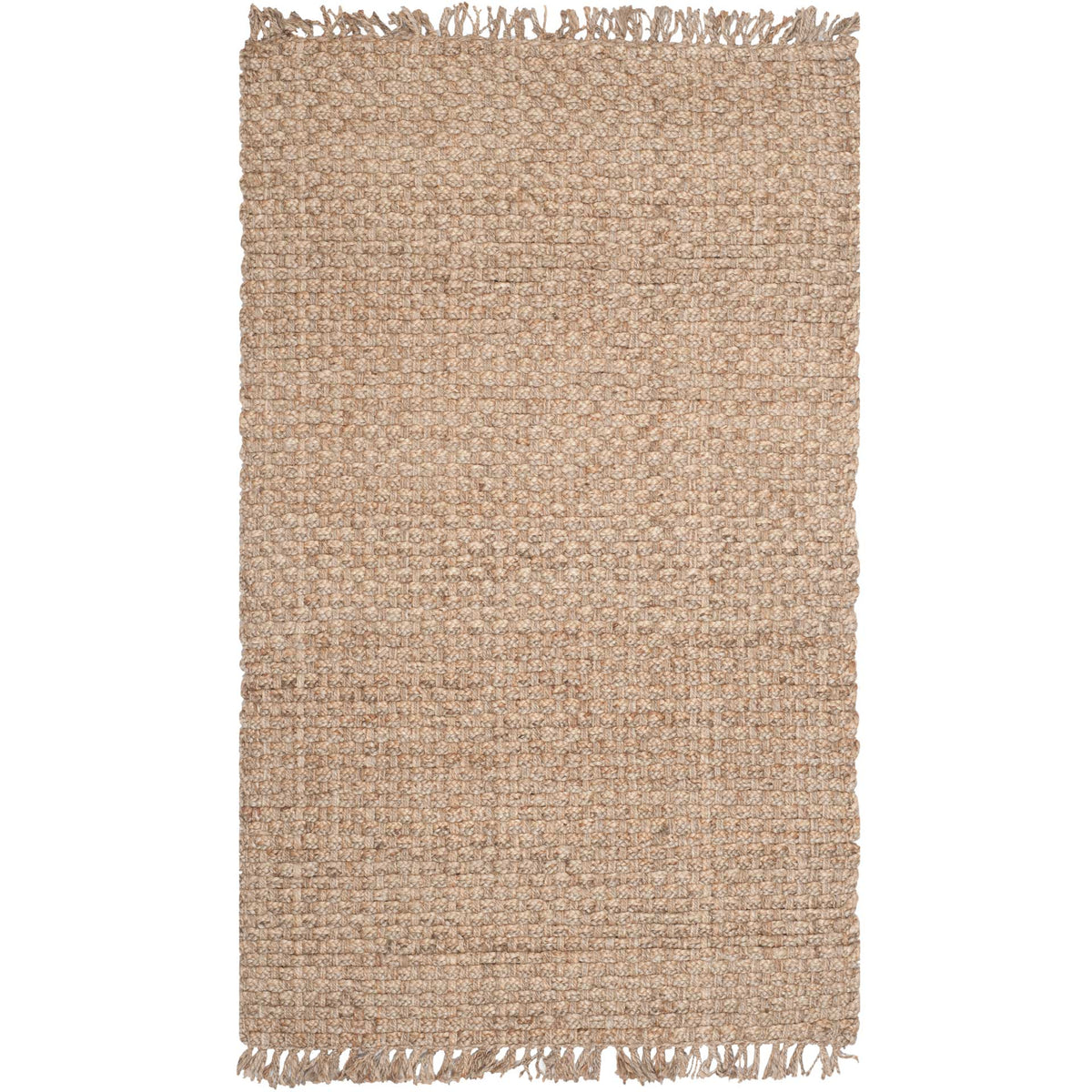 Warm natural jute rug blends a substantial woven texture with casual knotted fringe.