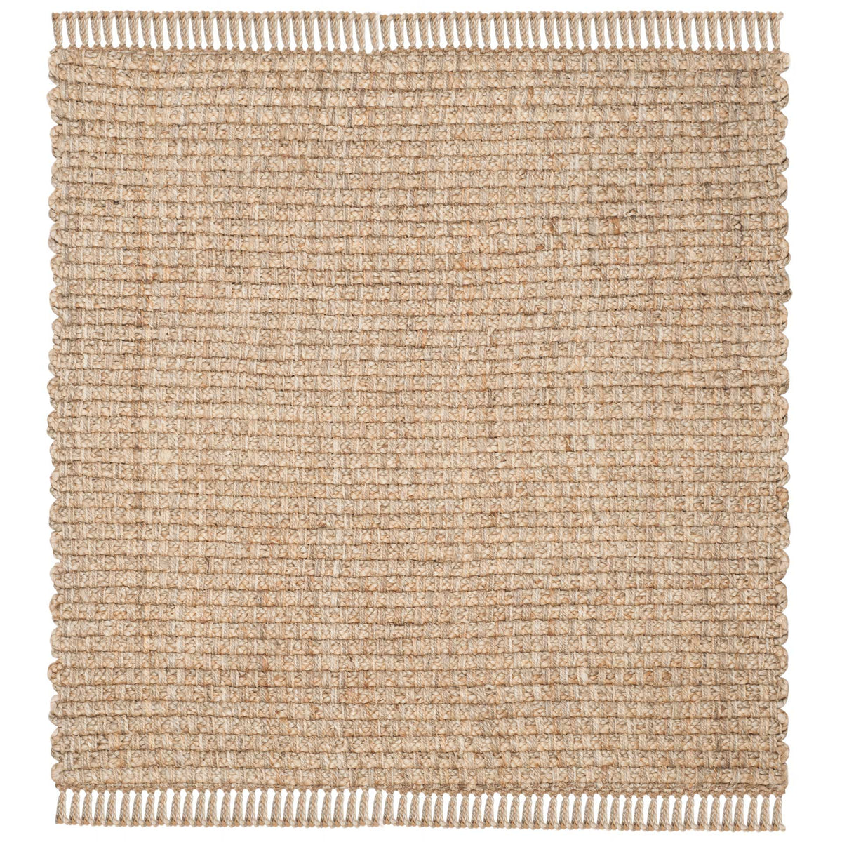 Square tan jute rug shows tidy horizontal ribs and long looped fringe.