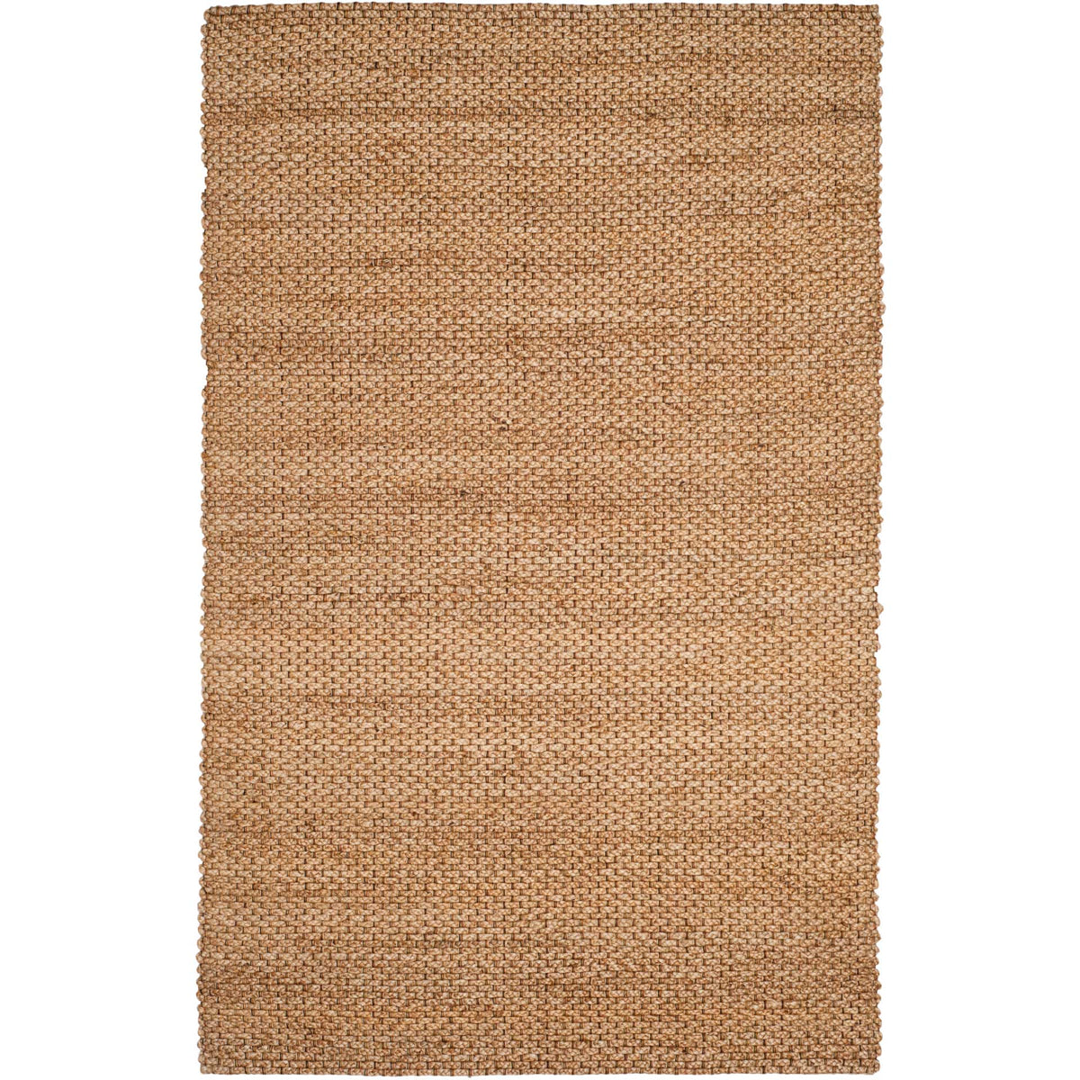 Handwoven tan jute-and-cotton rug shows subtle tonal bands across its surface.