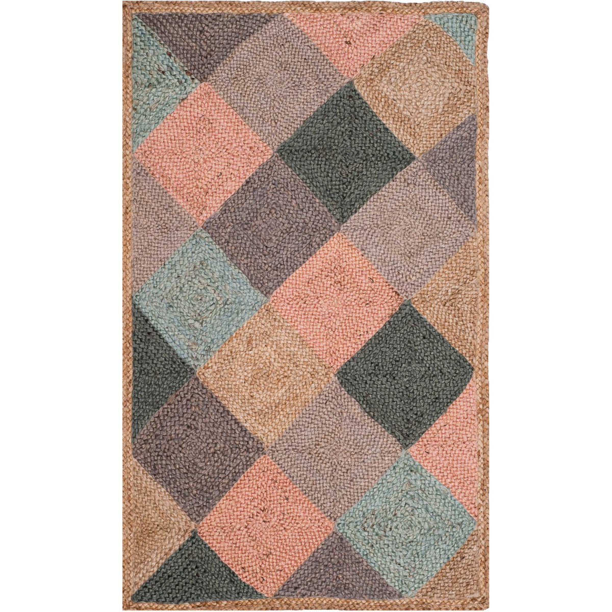 Small jute rug displays oversized interlocking diamonds in muted coral, teal, green, and tan.