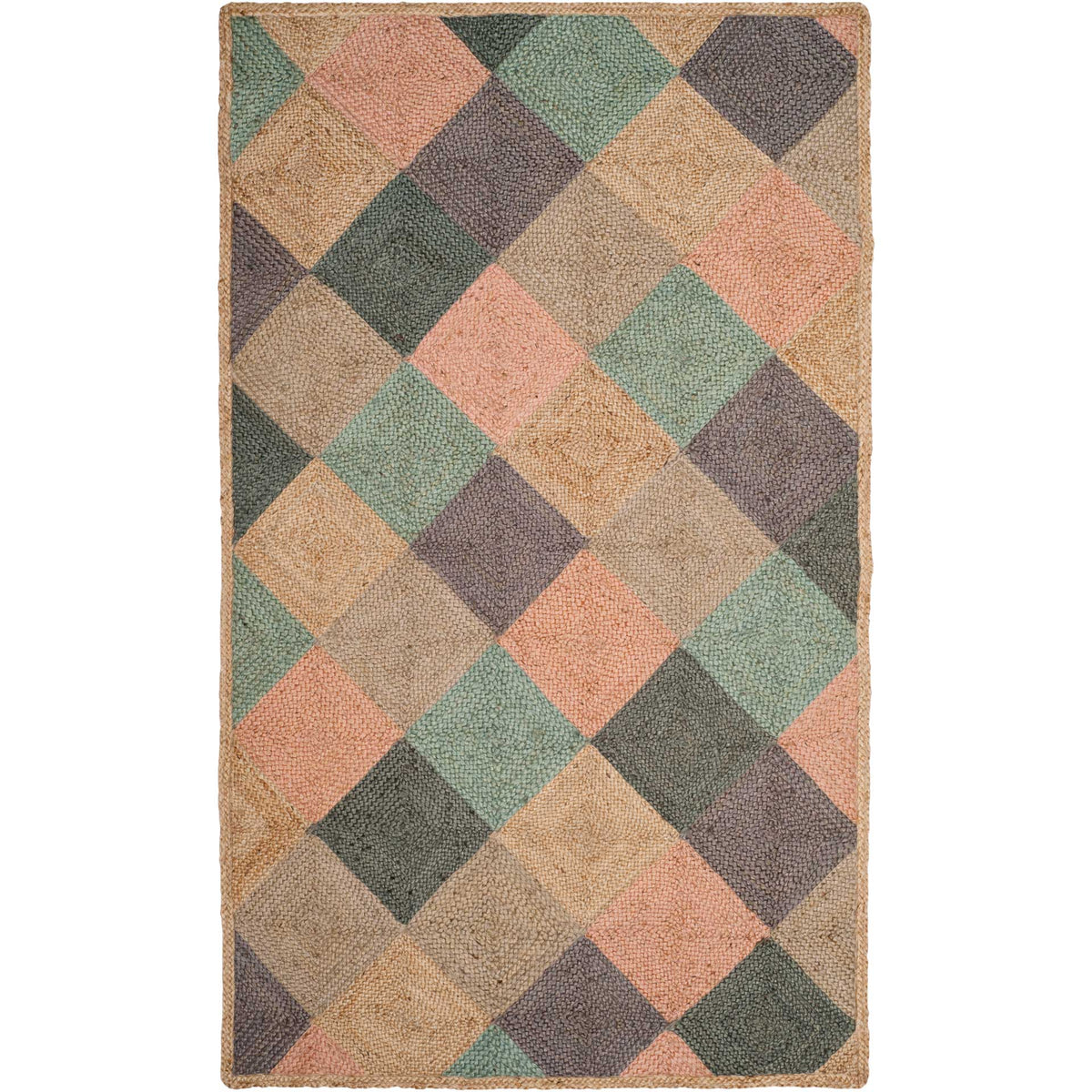 Handwoven jute rug layers pastel coral and teal diamonds with earthy gray and green.