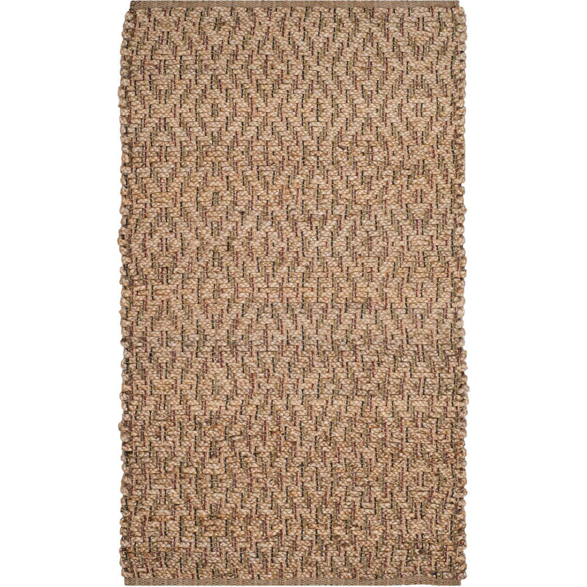 Compact natural jute rug with tiny red-and-charcoal dashes in a textured geometric weave.