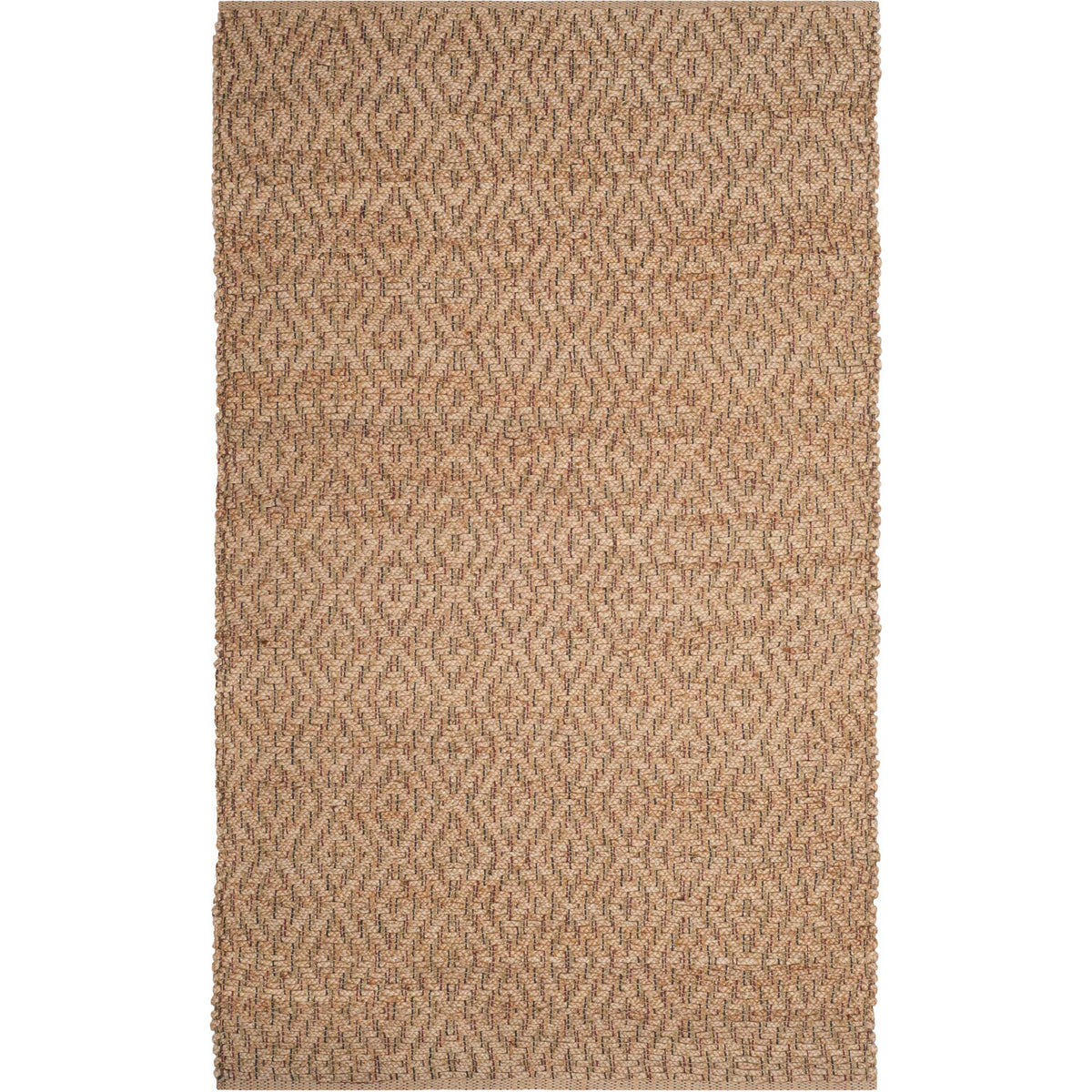 Warm tan jute rug with understated red and blue accents woven into small chevrons.
