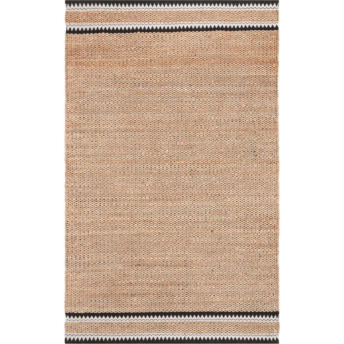 Warm woven jute rug pairs a plain central field with graphic black-and-ivory end borders.